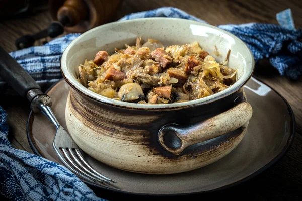 Traditional Polish Sauerkraut Bigos Mushrooms Meat Shallow Depth Field — Stock Photo, Image