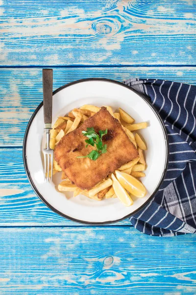 Piece Fried Cod Fries Plate Top View — Stock Photo, Image