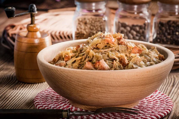 Bigos Stewed Cabbage Meat Dried Mushrooms Smoked Sausage Traditional Dish — Stock Photo, Image