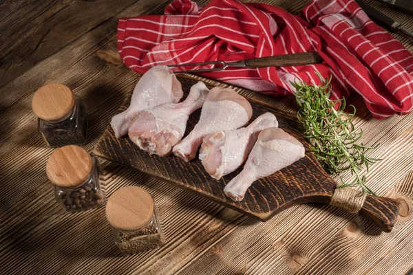 Raw Chicken Legs Marinade Ingredients Kitchen Board — Stock Photo, Image