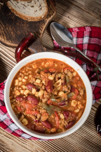 Mexikói Chili Con Carne Tálban Szelektív Fókusz — Stock Fotó