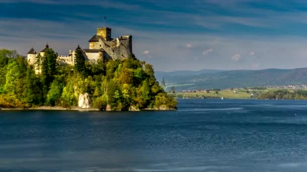 Время Средневековый Замок Дунаец Недзице Озере Чорштын Польша — стоковое видео