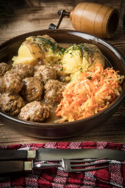 Swedish Meatballs Dill Sauce Served Mashed Potatoes Carrot Salad — Stock Photo, Image