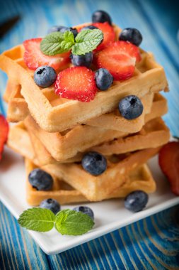 Bir tabak meyve ile waffle yığını. Küçük alan derinliği.