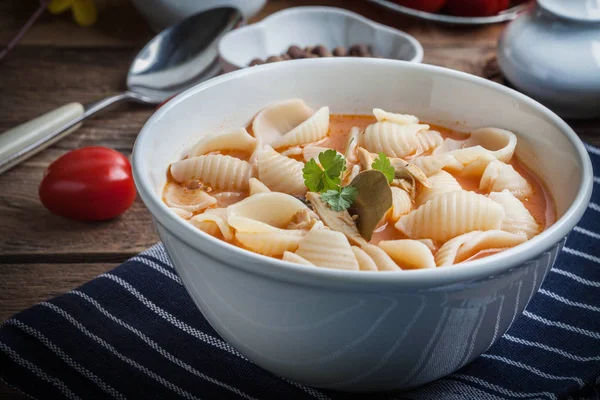 Fresh Tomato Soup Conchigliette White Bowl — Stock Photo, Image