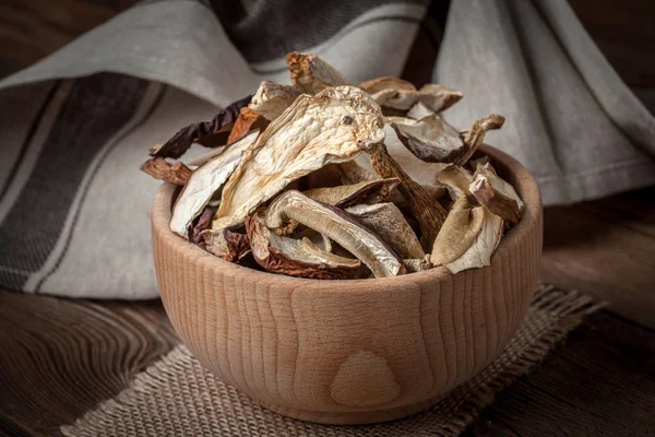 Dried Mushrooms Wooden Bowl Dark Background — Stock Photo, Image