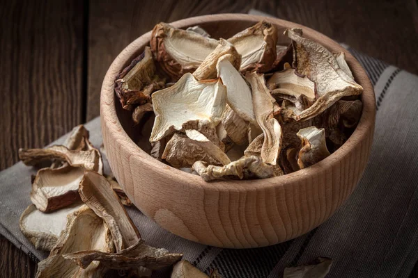 Dried Mushrooms Wooden Bowl Dark Background — Stock Photo, Image