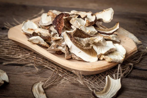 Dried Mushrooms Wooden Bowl Dark Background — Stock Photo, Image