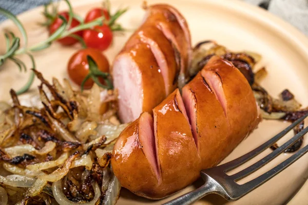 Fried Sausage Onionson Plate — Stock Photo, Image