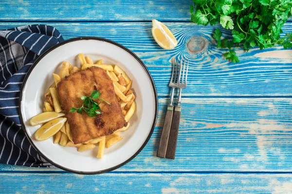 Piece Fried Cod Fries Plate Top View — Stock Photo, Image