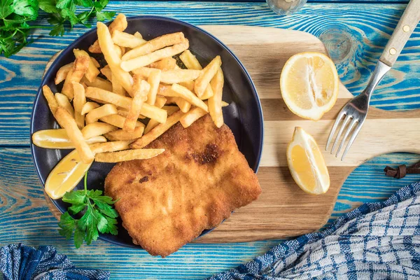 Piece Fried Cod Fries Plate Top View — Stock Photo, Image