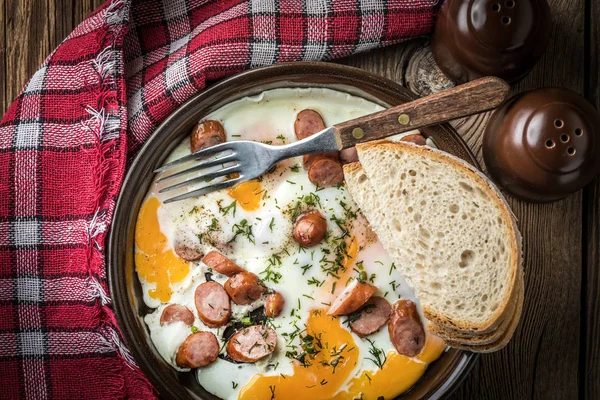 Tasty Cooked Egg Chopped Sausages Pan Top View — Stock Photo, Image