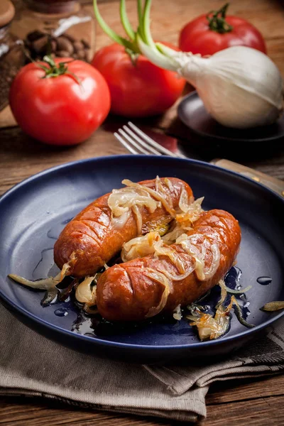 Salchicha Frita Con Cebolla Plato — Foto de Stock