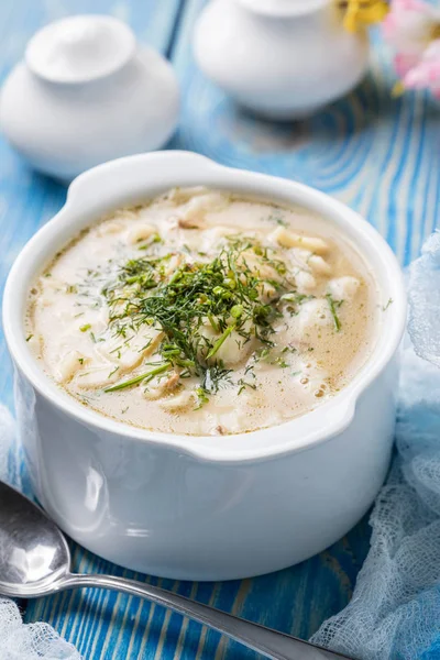 Tasty Mushroom Soup Noodles Wooden Table Shallow Depth Field — Stock Photo, Image