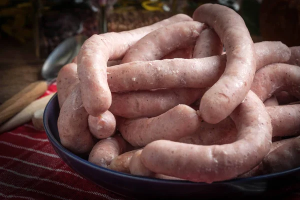 Boiled White Sausages Plate Dark Light — Stock Photo, Image
