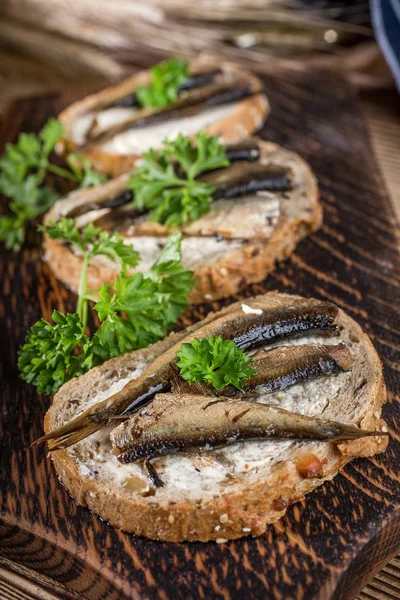 Sandwich Sprats Wooden Table — Stock Photo, Image