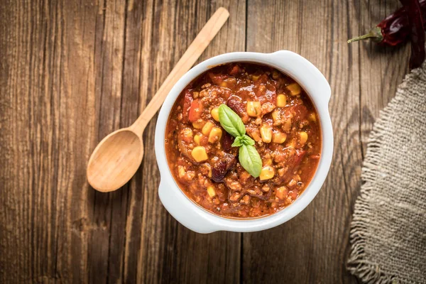 Mexikanische Chili Con Carne Schüssel Selektiver Fokus Ansicht Von Oben — Stockfoto