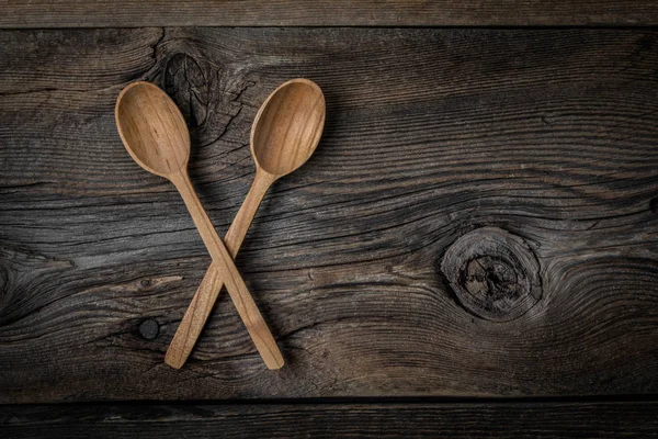Wooden Kitchen Utensils Wooden Background Copy Space Top View — Stock Photo, Image