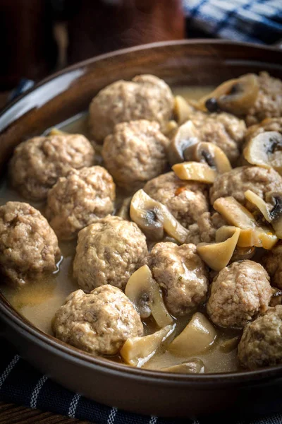 Delicious Homemade Swedish Meatballs Mushroom Cream Sauce Small Depth Field — Stock Photo, Image