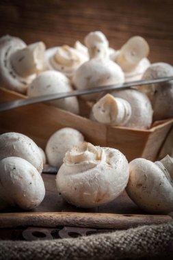 Hasat jüt ve ahşap doku üzerinde beyaz mantar. Seçici odak.