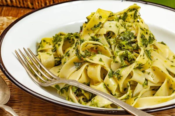 Spaghetti Spinach Bacon Wooden Table Selective Focus Royalty Free Stock Photos