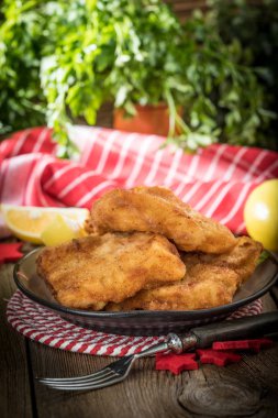 Kızarmış morina dilimleri ve ekmek kırıntıları. Küçük alan derinliği.