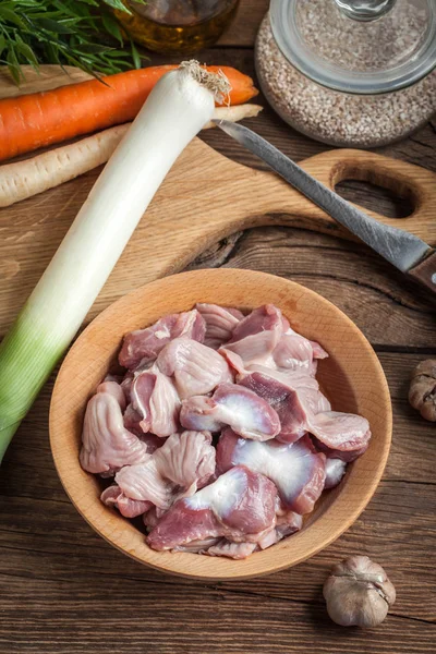 Raw Uncooked Chicken Gizzards Stomachs Wooden Bowl — Stock Photo, Image