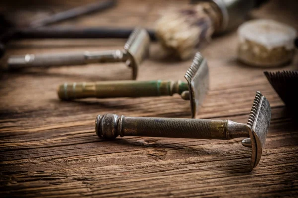 Herramientas Peluquería Vintage Sobre Fondo Madera Vieja Pequeña Profundidad Campo — Foto de Stock