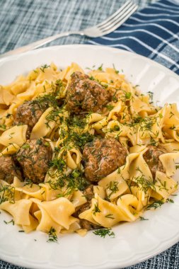 Domuz eti köfte ve dereotu soslu tagliatelle makarna. Seçici 