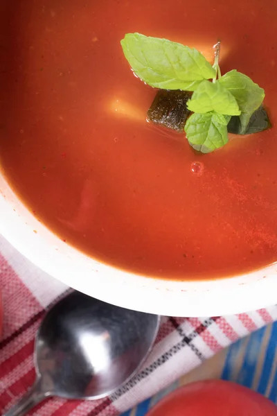 Tomato soup on wooden table. — Stock Photo, Image