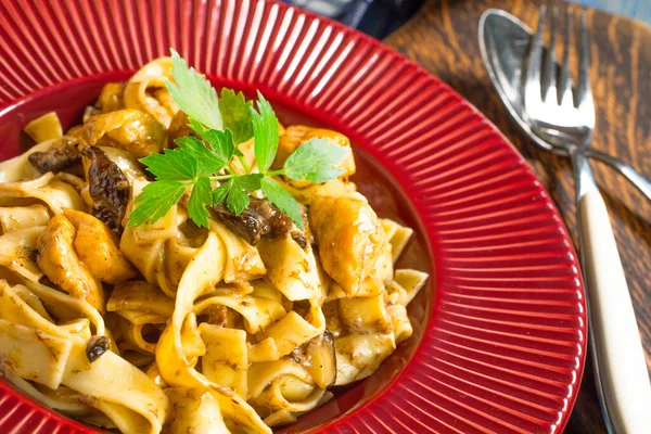 Tagliatelle Con Pollo Funghi Porcini Piatto — Foto Stock