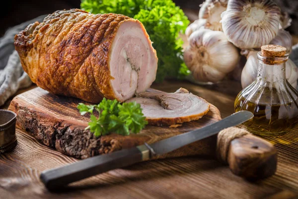 Baked Rolled Bacon Spices Wooden Chopping Board — Stock Photo, Image