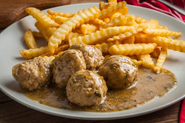 Meatballs French Fries Dill Sauce Cranberry Jam Selective Focus — Stock Photo, Image