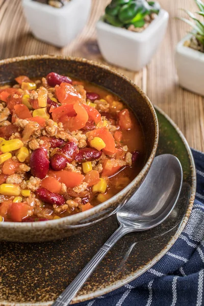 Mexikanische Chili Con Carne Schüssel Selektiver Fokus — Stockfoto