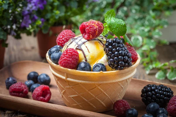 맛있는 아이스크림 디저트에 그릇에 과일을 넣는다 선택적 — 스톡 사진