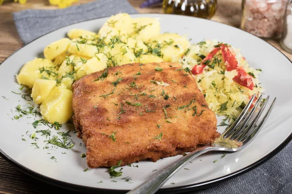 Poisson Pané Avec Pomme Terre Salade Choucroute Pour Dîner Concentration — Photo