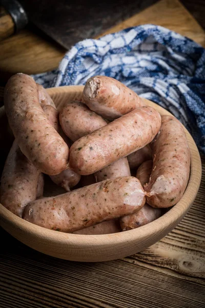 Salsiccia Bianca Bollita Una Ciotola Legno — Foto Stock