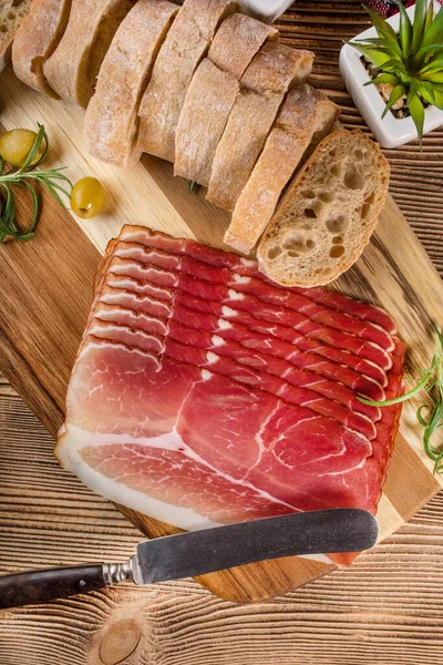 Thinly Sliced German Black Forest Ham Sliced Ciabatta Bread Tomato — Stock Photo, Image