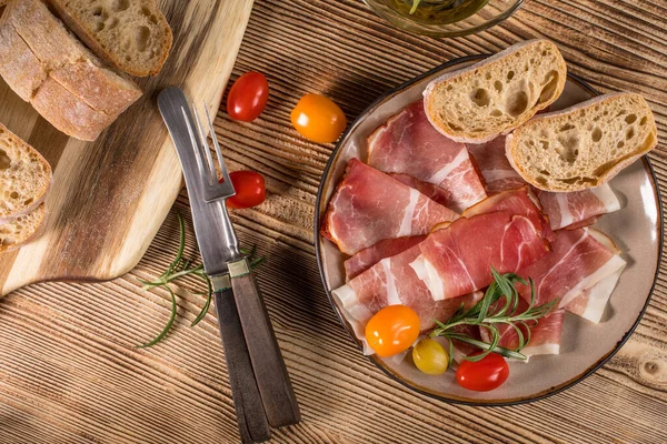 Thinly Sliced German Black Forest Ham Sliced Ciabatta Bread Tomato — Stock Photo, Image