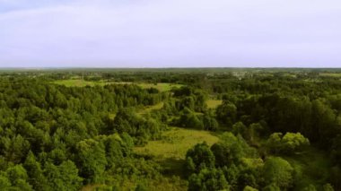 Batan güneşin ışığında çayırlar ve ormanlar. Yukarıdan görüldü..