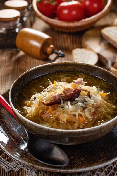 Sopa Repolho Tradicional Mesa Madeira — Fotografia de Stock