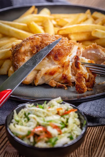 Fried Chicken Breast Stuffed Bacon Cheese Served Chips Salad Small — Stock Photo, Image