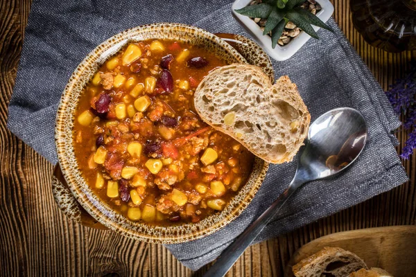 Mexikói Chili Con Carne Tálban Szelektív Fókusz — Stock Fotó