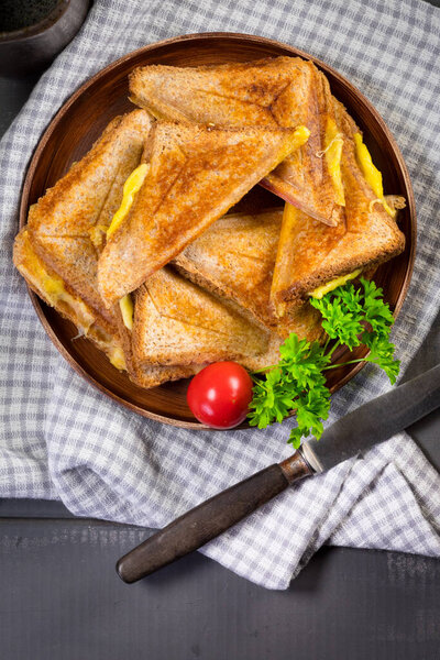 Grilled cheese sandwich on plate. Shallow depth of field. Top view.