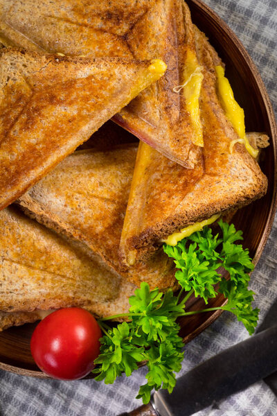 Grilled cheese sandwich on plate. Shallow depth of field. Top view.