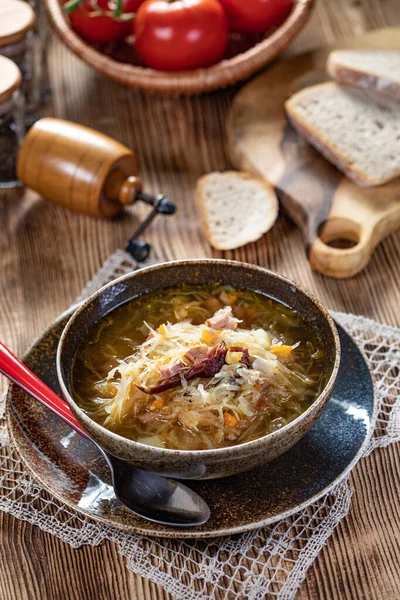 Soupe Chou Traditionnelle Sur Table Bois — Photo