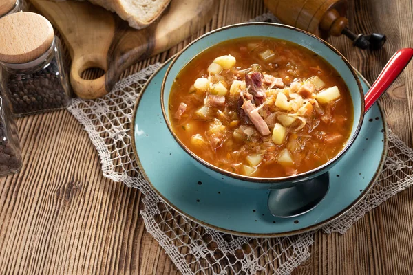 Traditional Cabbage Soup Wooden Table — Stock Photo, Image