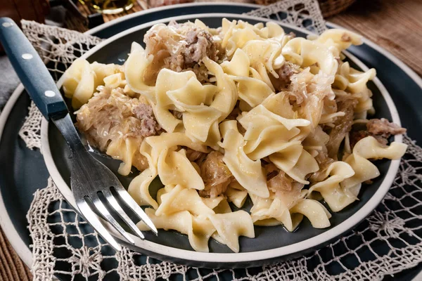 Pasta Con Crauti Carne Focus Selettivo — Foto Stock