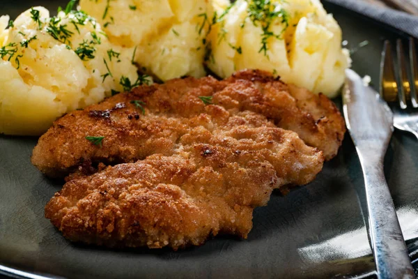 Pork Chop Served Mashed Potatoes Cucumber Salad Dark Plate — Stock Photo, Image