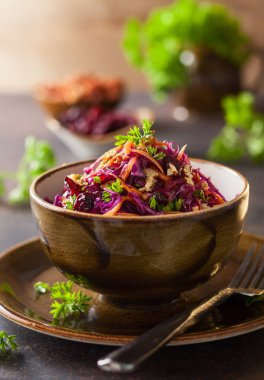 Kırmızı lahana, havuç, elma salatası ile fındık ve kızılcık. Sonbahar ya da kış sezonu için lahana salatası.